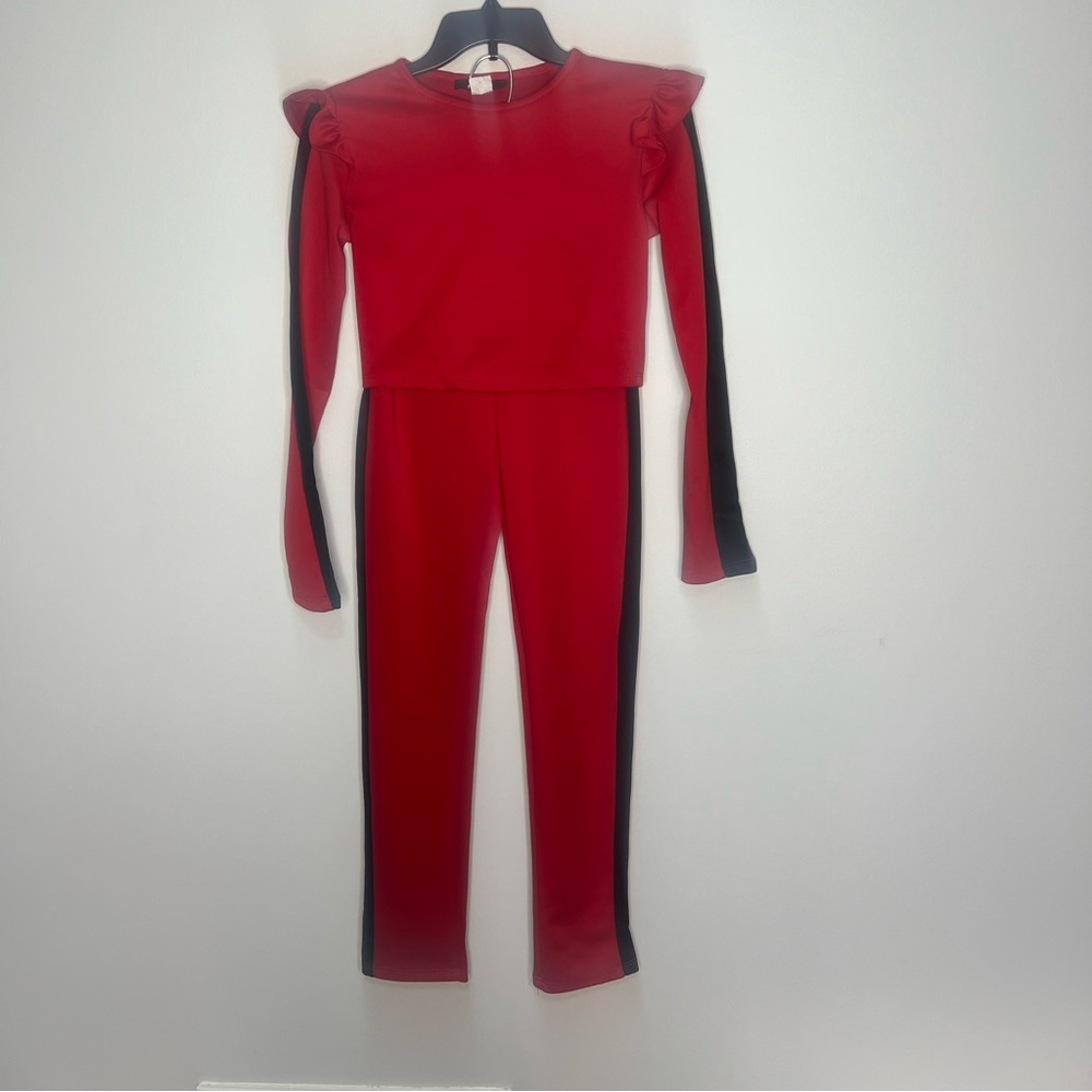 14. Arabella: Red&Black Stripe 2 Piece Crop Top Pants Set